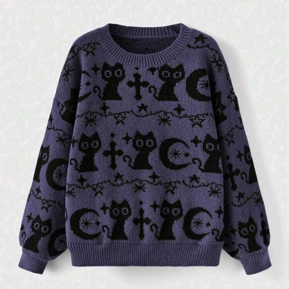 Women's Purple Cat Pattern Sweater